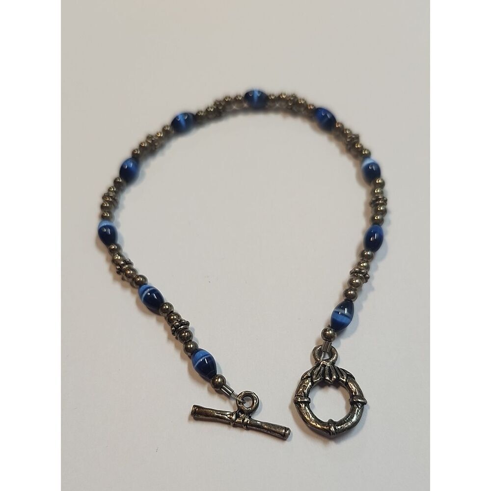 Beaded Blue Catseye and Sterling Silver Toggle 7.5" Bracelet Women's